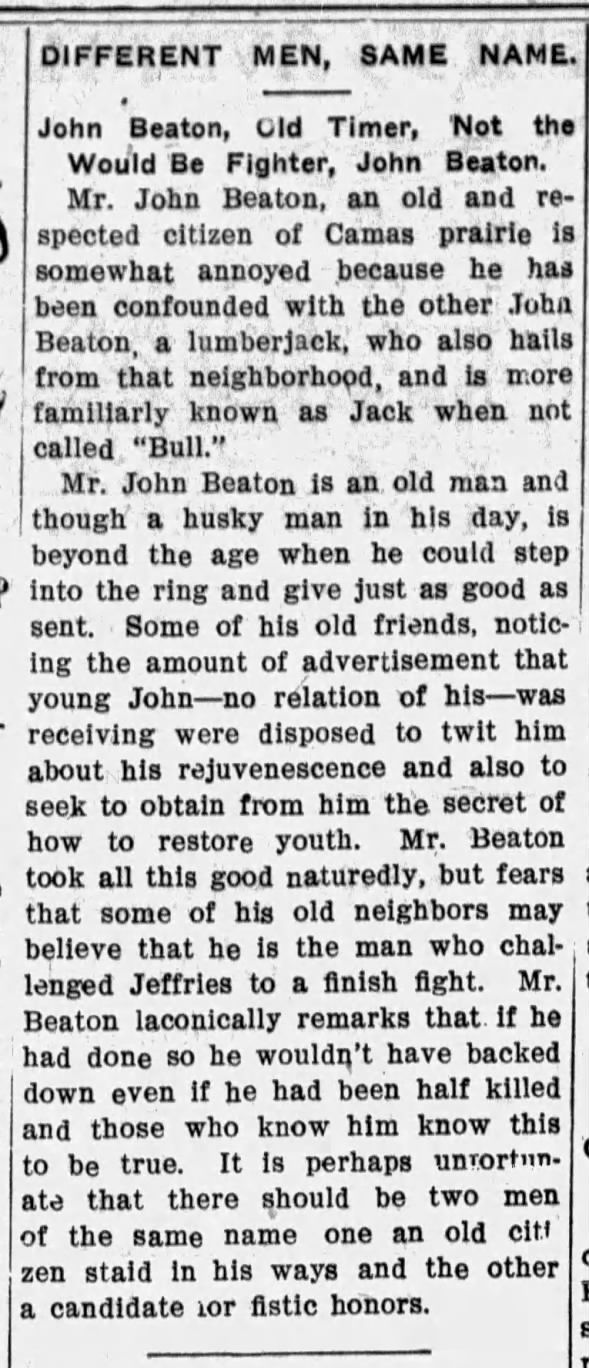 Different Men, Same Name. John Beaton Camas Prairie, LumberJack, "Bull", Missoula, MT 1902